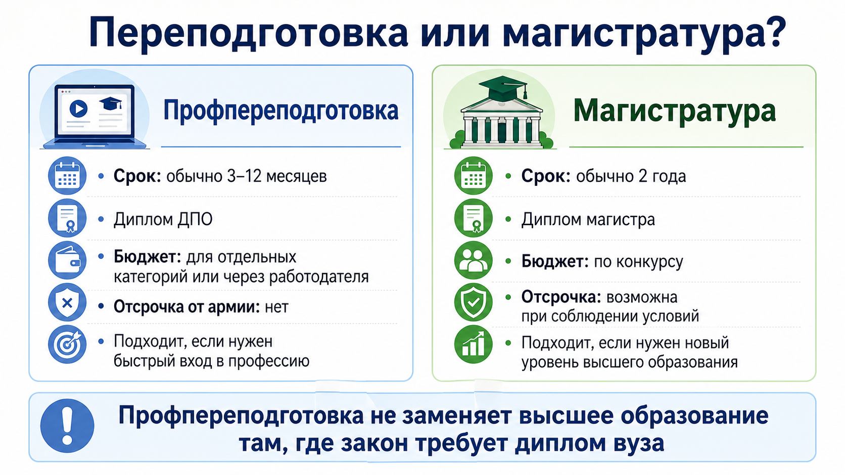 Переподготовка быстрее, магистратура даёт новый уровень высшего образования. Переподготовка быстрее, магистратура даёт новый уровень высшего образования.